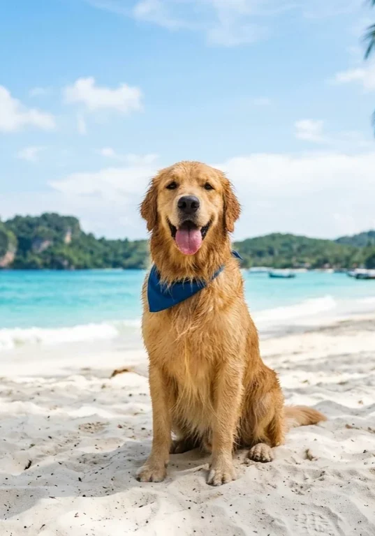 Happy dog relaxing on a sunny Thai beach.
